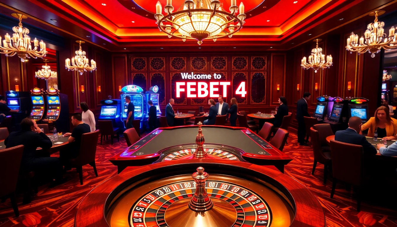 Exciting casino scene at https://febet4.art/ with players enjoying roulette, poker, and slot machines.