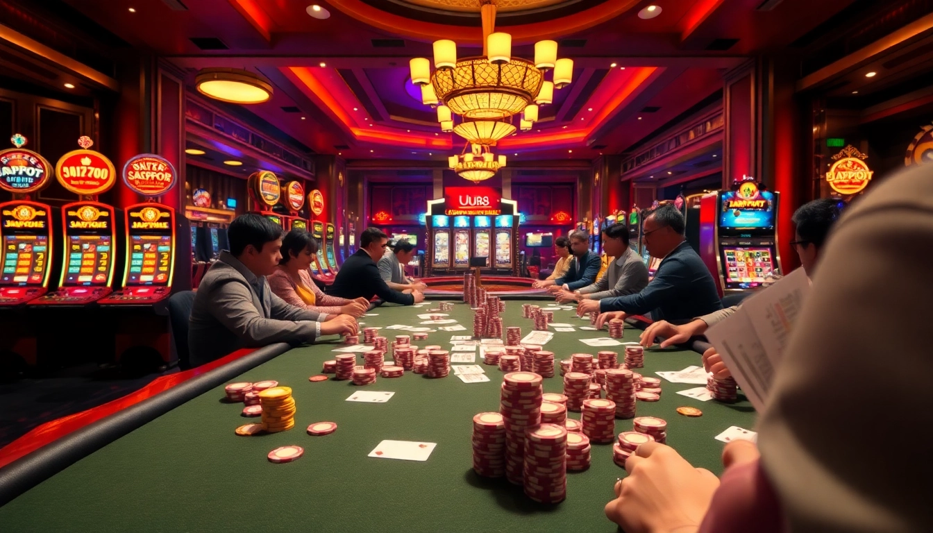 Players enjoying an exciting game at uu88 casino with vibrant poker chips and a roulette wheel