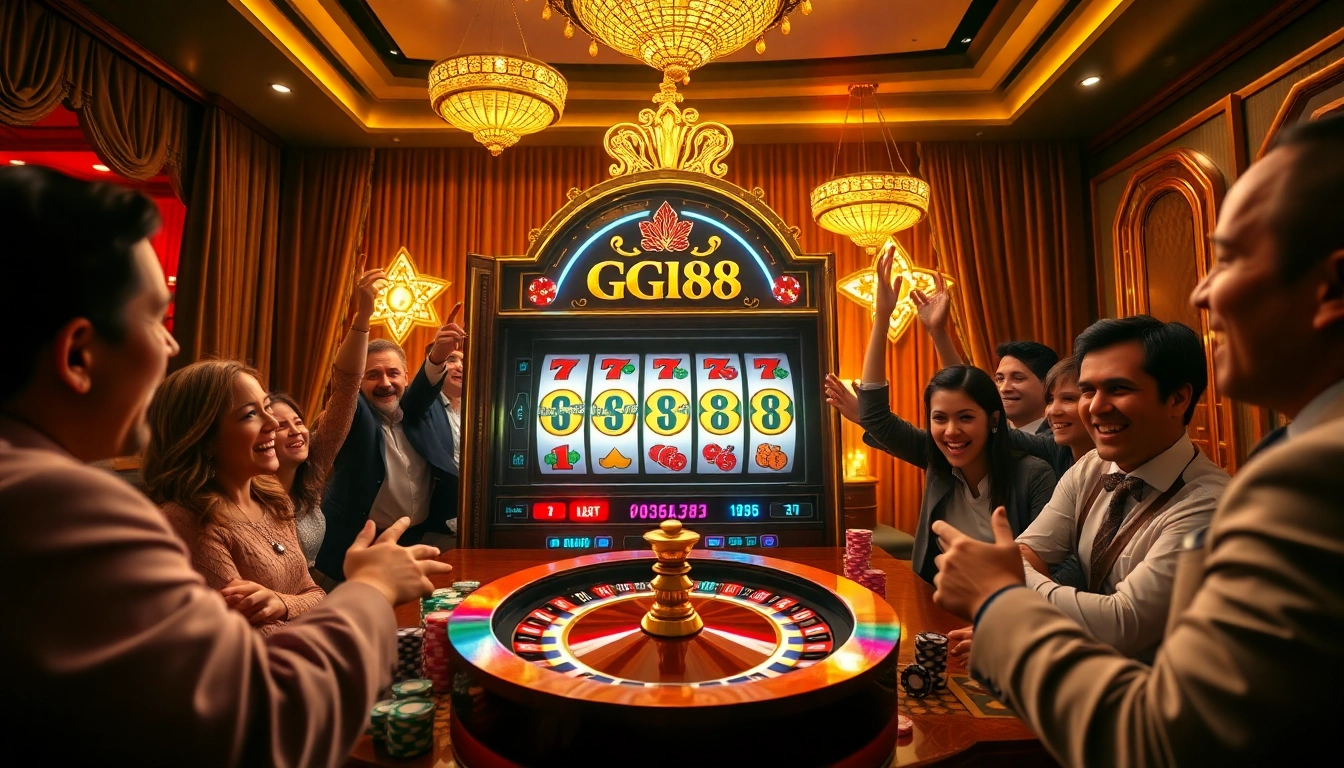 Players celebrating a win at the GG88 slot machine in a vibrant casino scene.
