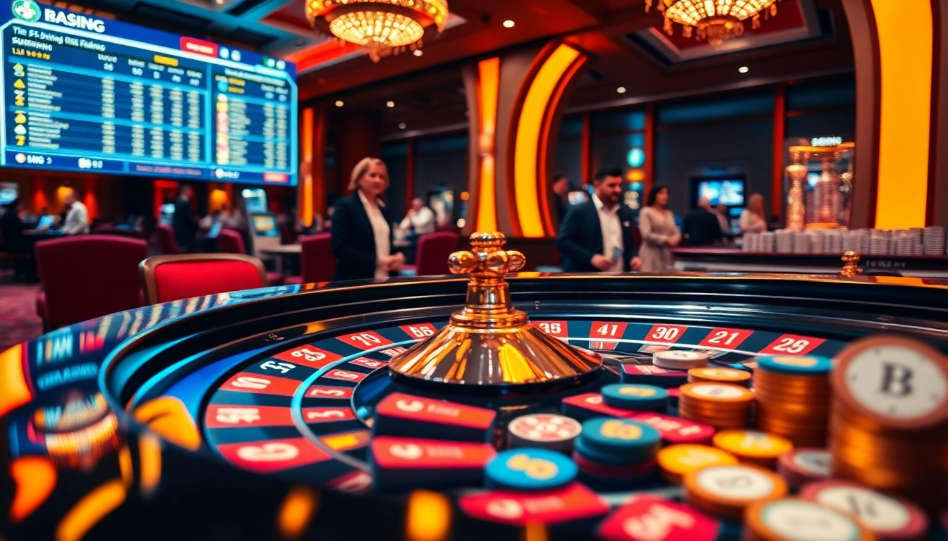 Exciting casino atmosphere with players placing bets at a roulette table, showcasing https://8xbetsports.com gambling strategies.