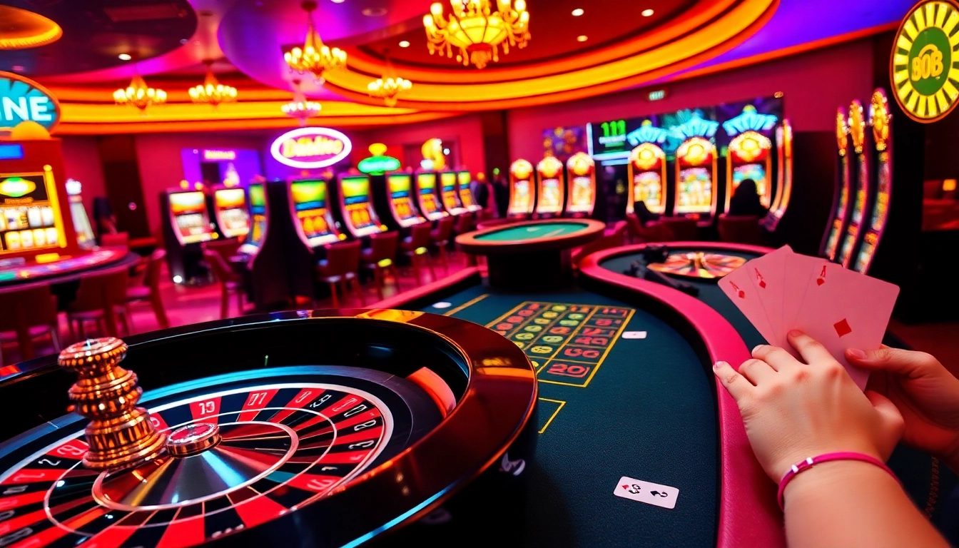 Action-packed casino scene showcasing excitement at https://bem88.io/ with roulette, poker, and vibrant slots.