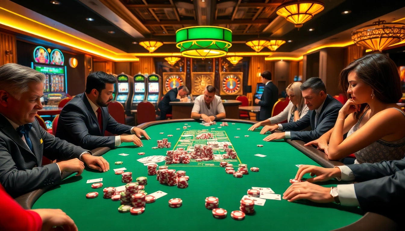 KJC-themed poker table filled with colorful chips and engaged players in a vibrant casino atmosphere.