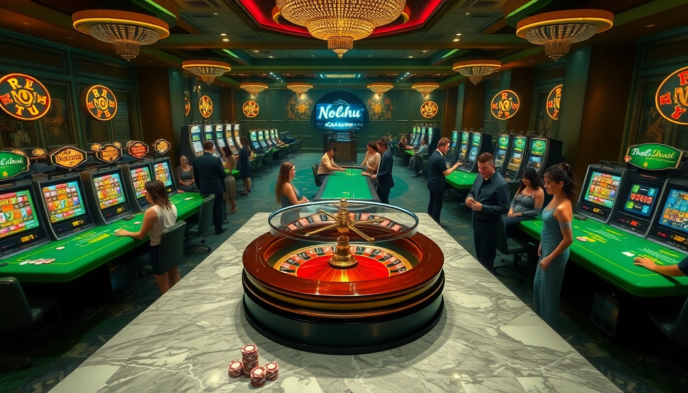 Nohu-themed casino scene featuring vibrant gaming tables and a roulette wheel, with players experiencing excitement.
