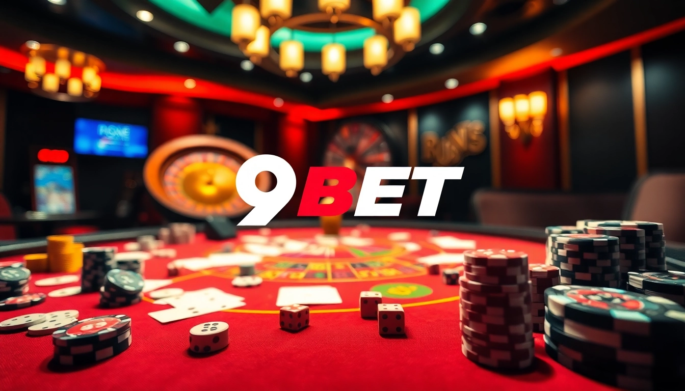 Engage in high-stakes gaming at 9BET's luxurious casino tables with vibrant poker chips and cards.