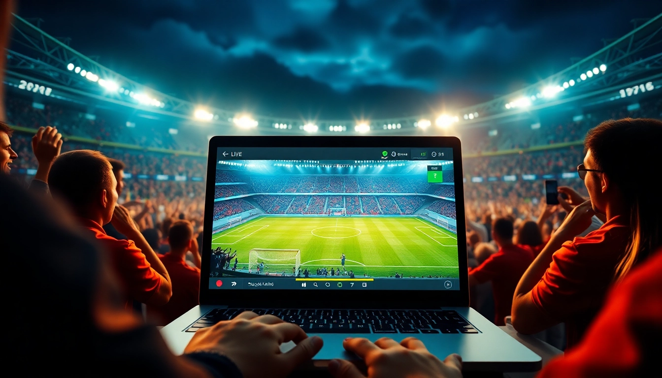 Socolive trực tiếp bóng đá streamed live on a laptop with excited fans watching a football match.