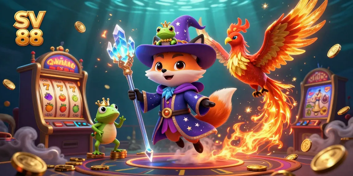 Experience the excitement of SV 88 with a stunning 3D illustration featuring dynamic gaming elements, including slot symbols and sparkling coins.